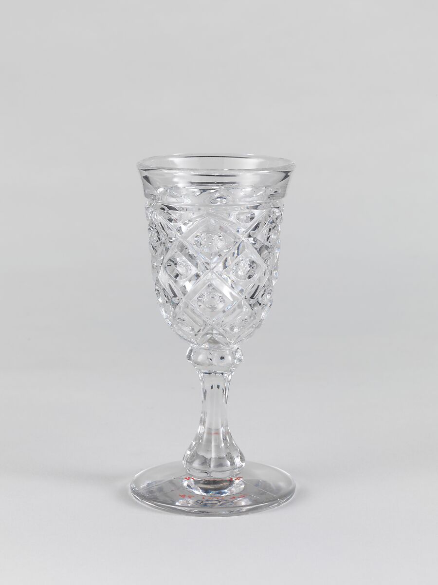 Wine glass, Pressed glass, diamond thumbprint, American 