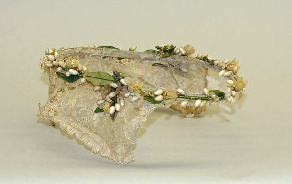 Wedding ensemble, silk, glass, linen, wax, American