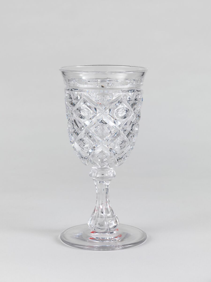 Wine glass, Pressed glass, diamond thumbprint, American 