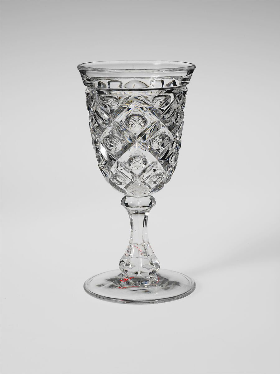 Wine Glass, Pressed glass, diamond thumbprint, American 