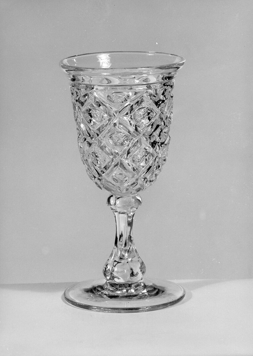 Wine Glass, Pressed glass, diamond thumbprint, American 