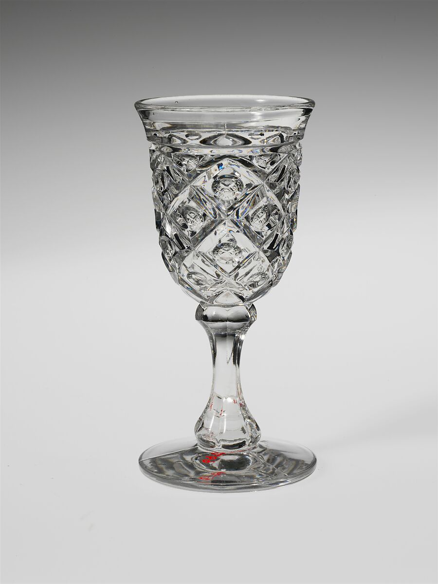 Wine Glass, Pressed glass, diamond thumbprint, American 
