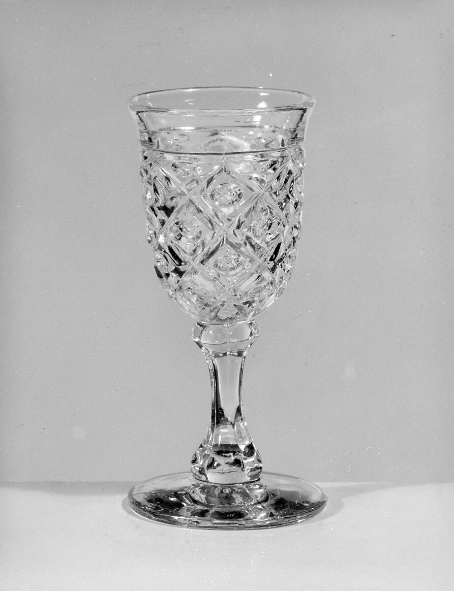 Wine Glass, Pressed glass, diamond thumbprint, American 