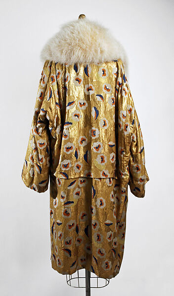 Evening coat, metallic thread, silk, fur, probably American