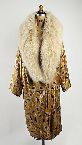 Evening coat, metallic thread, silk, fur, probably American 