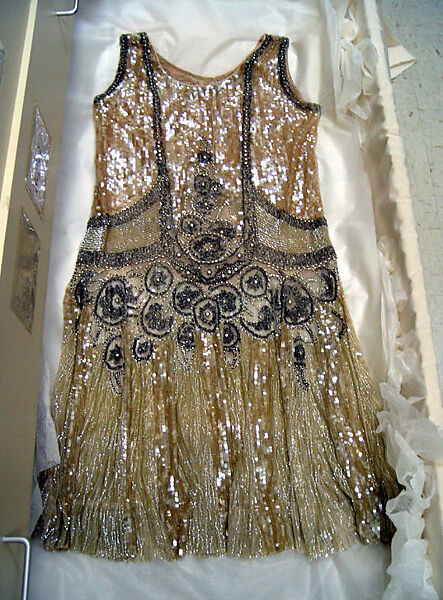 Evening dress, cotton, sequins, beads, American