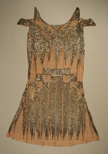 Evening dress, silk, glass, metallic thread, probably French 