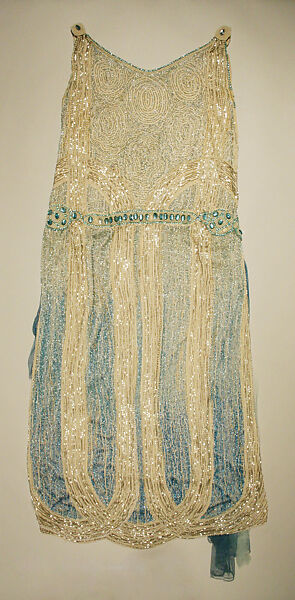 Evening dress, cotton, silk, beads, American 