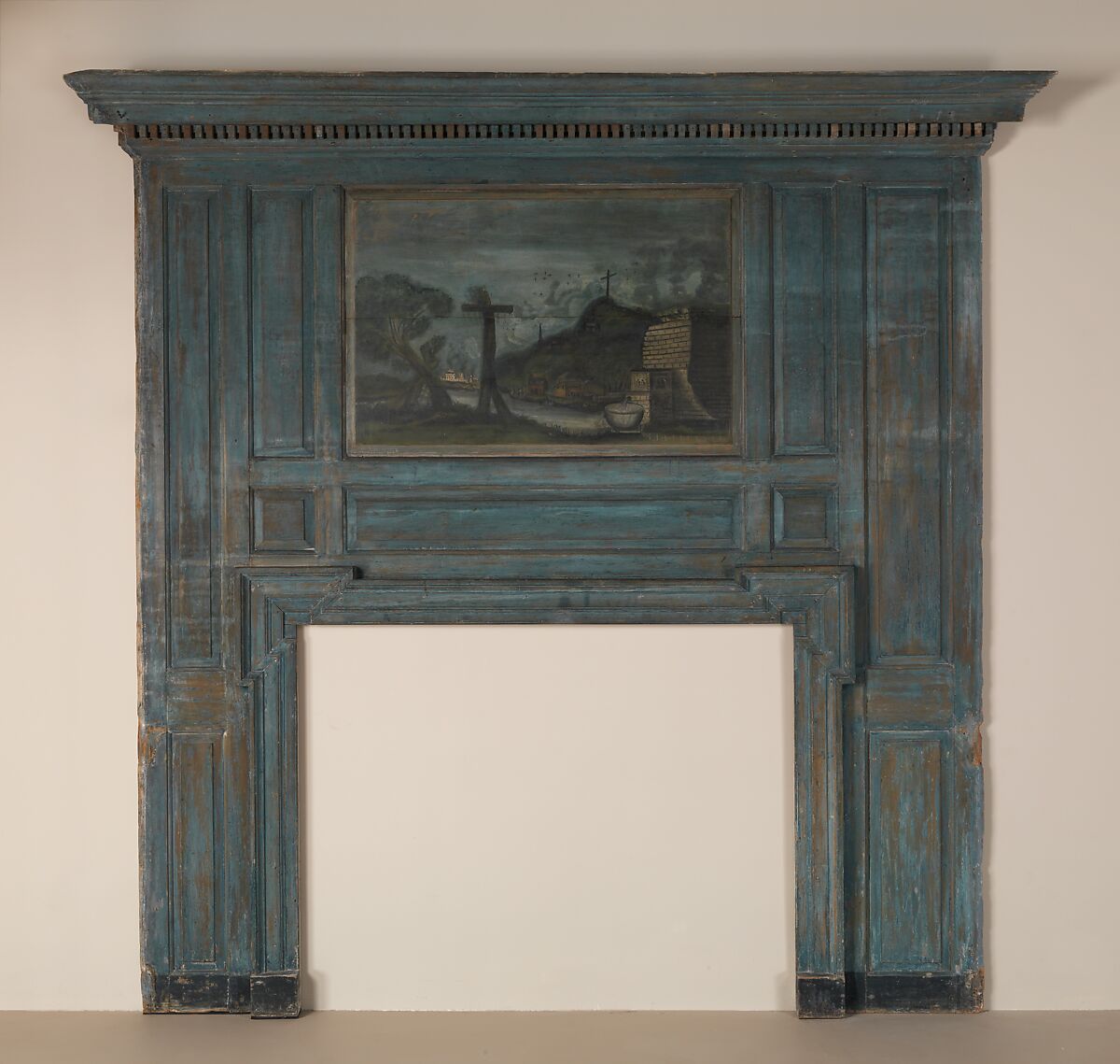 Overmantel: Landscape with Wayside Crosses, Painted wood, American 