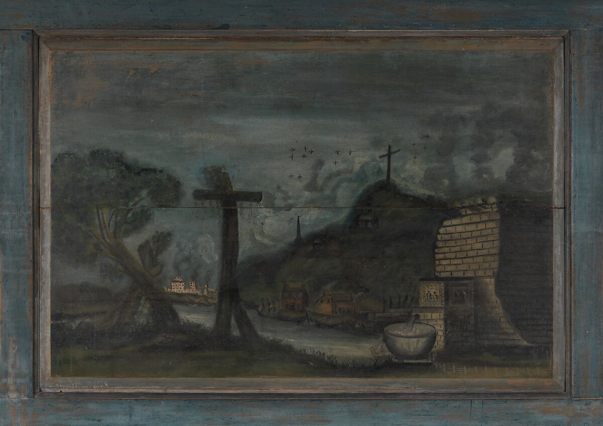 Overmantel: Landscape with Wayside Crosses, Painted wood, American